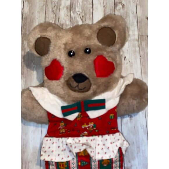 Vintage Handmade Teddy Bear Christmas Hanging Stocking w/ Festive Pattern & Bow - Picture 5 of 11